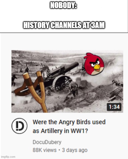 Got me thinkin' | NOBODY:; HISTORY CHANNELS AT 3AM | image tagged in white bar | made w/ Imgflip meme maker