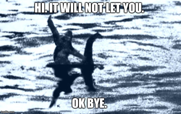 loch Ness and Bigfoot | HI. IT WILL NOT LET YOU. OK BYE. | image tagged in loch ness and bigfoot | made w/ Imgflip meme maker