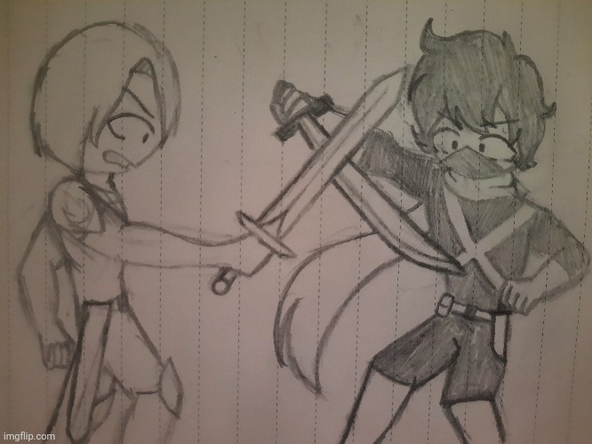 Sword fight | image tagged in drawing,arthur,gabriel,inferno,somber,jemy drawings | made w/ Imgflip meme maker