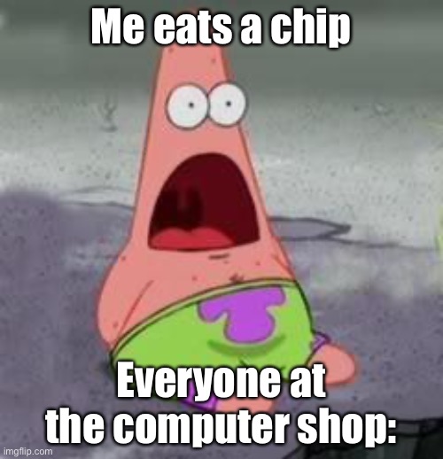 Suprised Patrick | Me eats a chip Everyone at the computer shop: | image tagged in suprised patrick | made w/ Imgflip meme maker