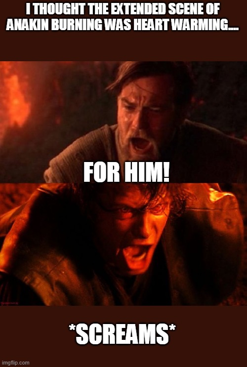 anakin and obi wan | I THOUGHT THE EXTENDED SCENE OF ANAKIN BURNING WAS HEART WARMING.... FOR HIM! *SCREAMS* | image tagged in anakin and obi wan | made w/ Imgflip meme maker