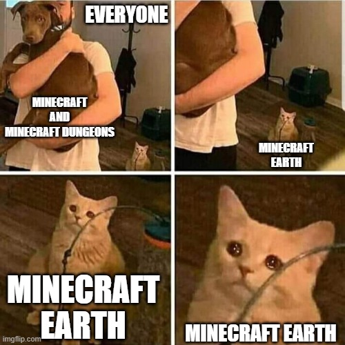 remember it? | EVERYONE; MINECRAFT AND MINECRAFT DUNGEONS; MINECRAFT EARTH; MINECRAFT EARTH; MINECRAFT EARTH | image tagged in sad cat holding dog,minecraft,minecraft earth | made w/ Imgflip meme maker