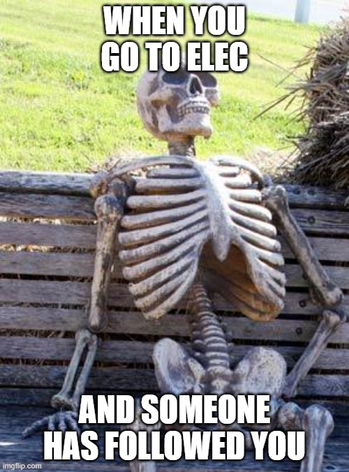 Amoung Us Elec | WHEN YOU GO TO ELEC; AND SOMEONE HAS FOLLOWED YOU | image tagged in memes,waiting skeleton,among us | made w/ Imgflip meme maker