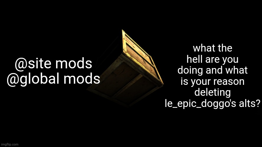 dunno if they're even gonna look at this post | what the hell are you doing and what is your reason deleting le_epic_doggo's alts? @site mods
@global mods | image tagged in box | made w/ Imgflip meme maker