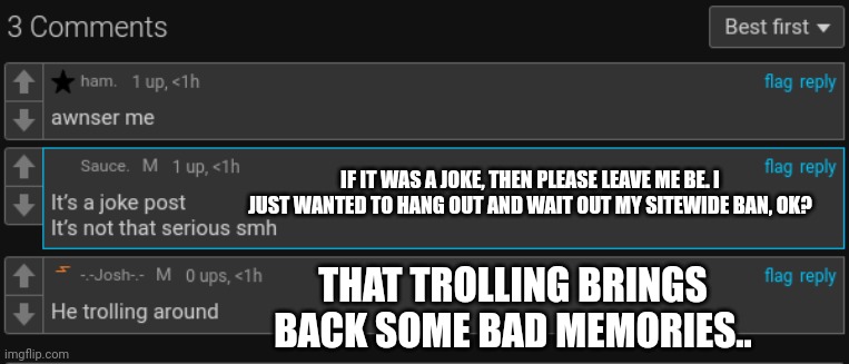 I just wanted to post in peace :( | IF IT WAS A JOKE, THEN PLEASE LEAVE ME BE. I JUST WANTED TO HANG OUT AND WAIT OUT MY SITEWIDE BAN, OK? THAT TROLLING BRINGS BACK SOME BAD MEMORIES.. | made w/ Imgflip meme maker