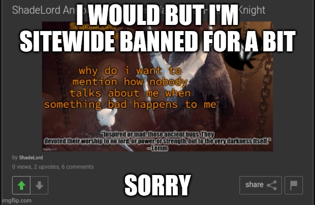 I WOULD BUT I'M SITEWIDE BANNED FOR A BIT; SORRY | made w/ Imgflip meme maker