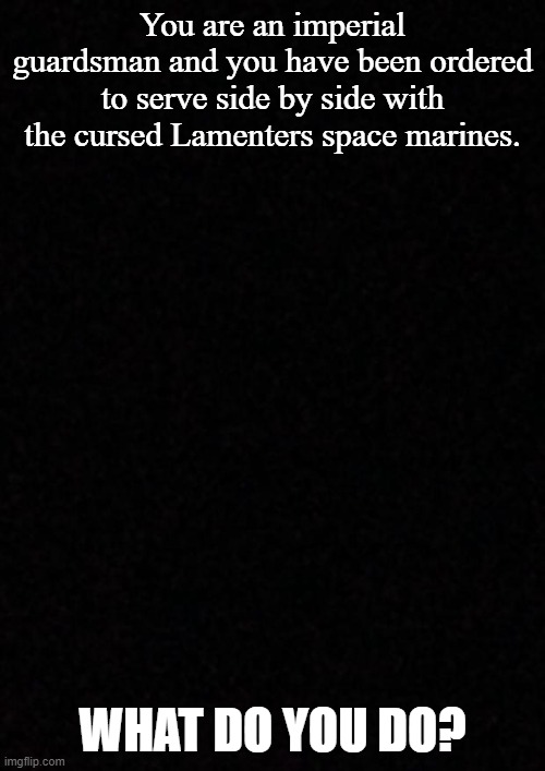Blank  | You are an imperial guardsman and you have been ordered to serve side by side with the cursed Lamenters space marines. WHAT DO YOU DO? | image tagged in blank | made w/ Imgflip meme maker