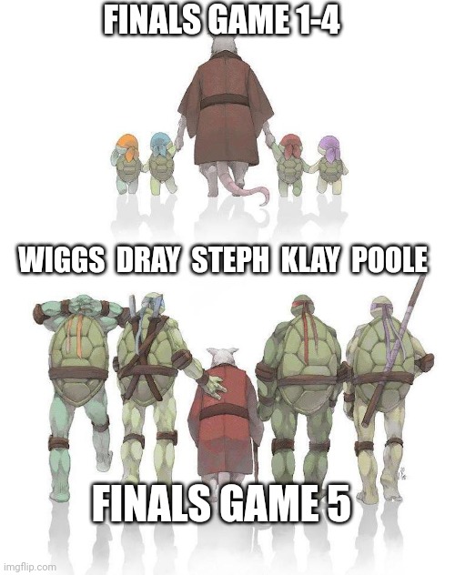 Ninja Turtles and Master Splinter | FINALS GAME 1-4; WIGGS  DRAY  STEPH  KLAY  POOLE; FINALS GAME 5 | image tagged in ninja turtles and master splinter | made w/ Imgflip meme maker