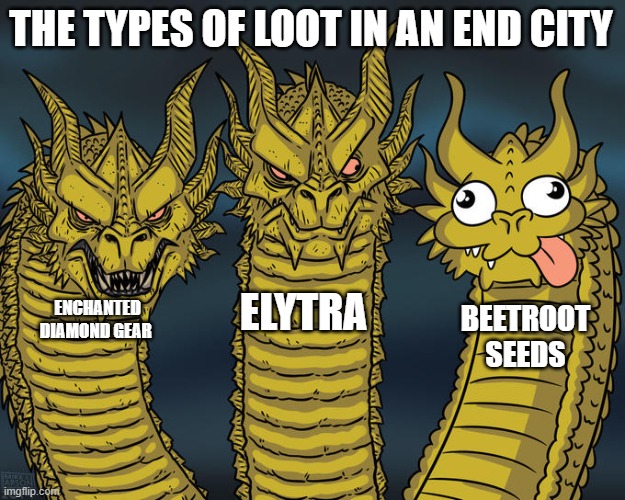 Three-headed Dragon | THE TYPES OF LOOT IN AN END CITY; ELYTRA; ENCHANTED DIAMOND GEAR; BEETROOT SEEDS | image tagged in three-headed dragon | made w/ Imgflip meme maker