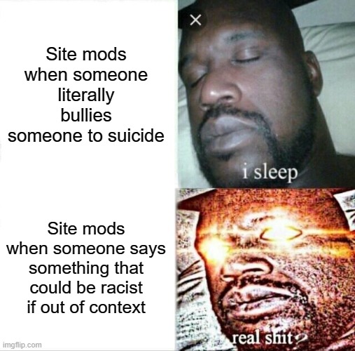 Sleeping Shaq Meme | Site mods when someone literally bullies someone to suicide; Site mods when someone says something that could be racist if out of context | image tagged in memes,sleeping shaq | made w/ Imgflip meme maker