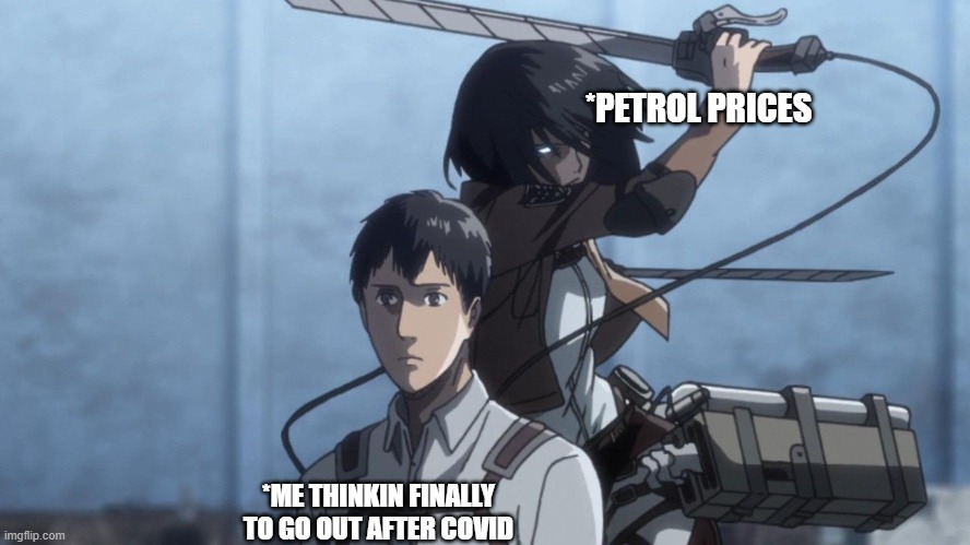 Mikasa slash Marco | *PETROL PRICES; *ME THINKIN FINALLY TO GO OUT AFTER COVID | image tagged in mikasa slash marco | made w/ Imgflip meme maker