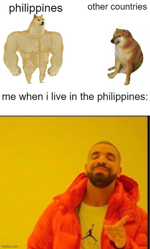 philippines | philippines; other countries; me when i live in the philippines: | image tagged in memes,buff doge vs cheems,philippines,drake hotline bling | made w/ Imgflip meme maker