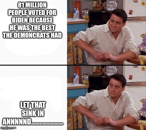 Even joey gets it | 81 MILLION PEOPLE VOTED FOR BIDEN BECAUSE HE WAS THE BEST THE DEMONCRATS HAD; LET THAT SINK IN
 ANNNNND....................... | image tagged in comprehending joey | made w/ Imgflip meme maker