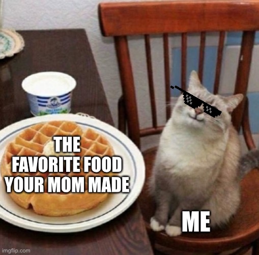 YOUR fav food | THE FAVORITE FOOD YOUR MOM MADE; ME | image tagged in cat likes their waffle | made w/ Imgflip meme maker
