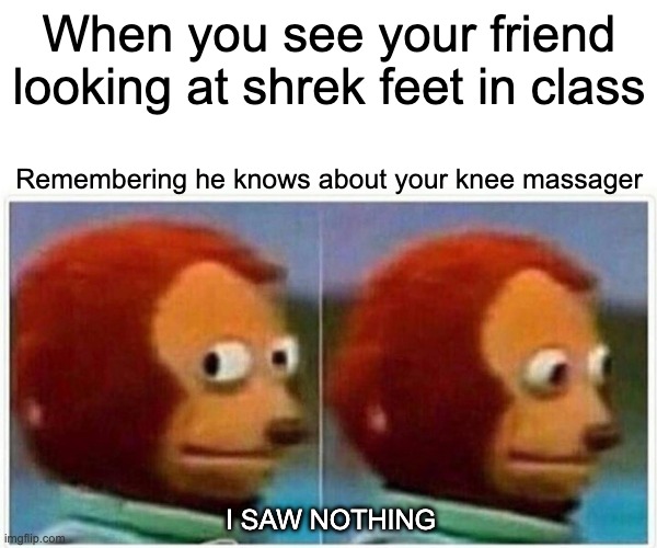 Shreksexual | When you see your friend looking at shrek feet in class; Remembering he knows about your knee massager; I SAW NOTHING | image tagged in memes,monkey puppet | made w/ Imgflip meme maker