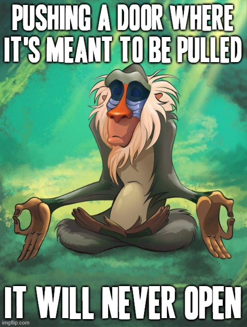 Rafiki wisdom | PUSHING A DOOR WHERE IT'S MEANT TO BE PULLED; IT WILL NEVER OPEN | image tagged in rafiki wisdom,memes,words of wisdom,truth,the lion king,lion king meme | made w/ Imgflip meme maker