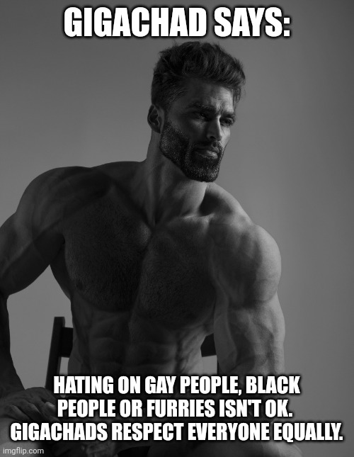Giga Chad | GIGACHAD SAYS:; HATING ON GAY PEOPLE, BLACK PEOPLE OR FURRIES ISN'T OK. 
GIGACHADS RESPECT EVERYONE EQUALLY. | image tagged in giga chad | made w/ Imgflip meme maker