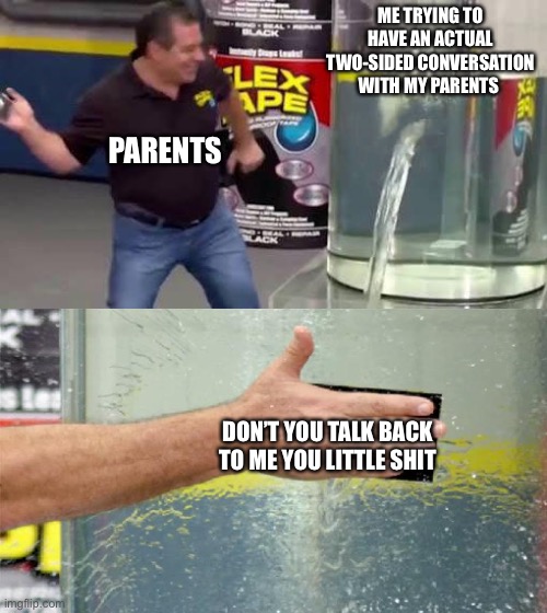 ? | ME TRYING TO HAVE AN ACTUAL TWO-SIDED CONVERSATION WITH MY PARENTS; PARENTS; DON’T YOU TALK BACK TO ME YOU LITTLE SHIT | image tagged in flex tape,parents,balls | made w/ Imgflip meme maker
