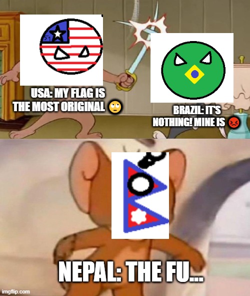 Nepal: ;_; |  USA: MY FLAG IS THE MOST ORIGINAL 🙄; BRAZIL: IT'S NOTHING! MINE IS 😡; NEPAL: THE FU... | image tagged in tom and jerry swordfight | made w/ Imgflip meme maker