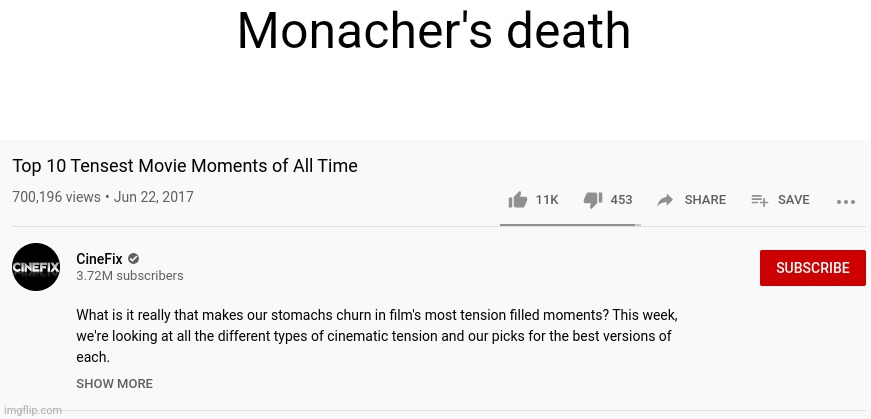 Based off of my rp with drm | Monacher's death | image tagged in top ten tensest movie moments of all time | made w/ Imgflip meme maker
