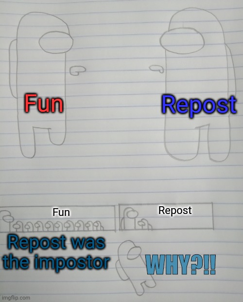 That's why I repost my memes | Fun; Repost; Repost; Fun; WHY?!! Repost was the impostor | image tagged in crewmate blaming another crewmate,memes,funny | made w/ Imgflip meme maker