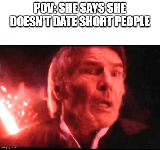  POV: SHE SAYS SHE DOESN'T DATE SHORT PEOPLE | image tagged in blank white template | made w/ Imgflip meme maker