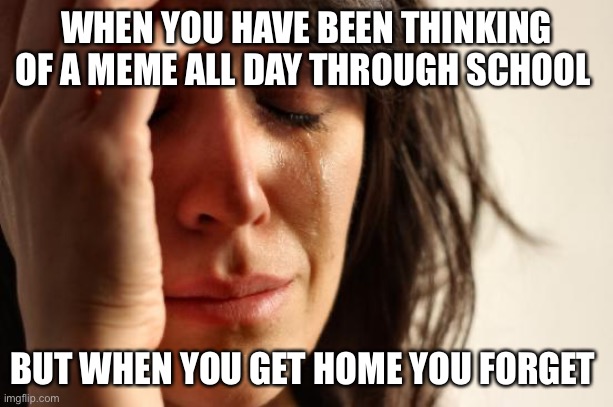 Problem | WHEN YOU HAVE BEEN THINKING OF A MEME ALL DAY THROUGH SCHOOL; BUT WHEN YOU GET HOME YOU FORGET | image tagged in memes,first world problems | made w/ Imgflip meme maker