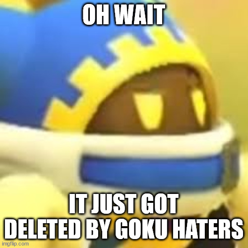 Unamused Magolor | OH WAIT IT JUST GOT DELETED BY GOKU HATERS | image tagged in unamused magolor | made w/ Imgflip meme maker