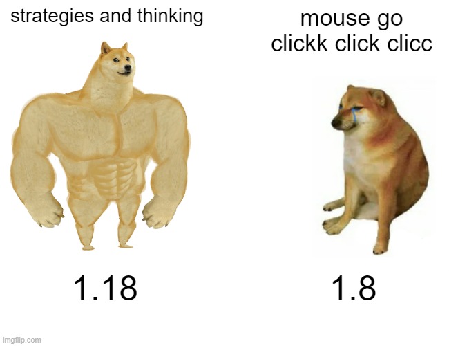 Buff Doge vs. Cheems | strategies and thinking; mouse go clickk click clicc; 1.18; 1.8 | image tagged in memes,buff doge vs cheems | made w/ Imgflip meme maker