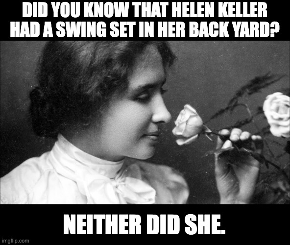 Helen | DID YOU KNOW THAT HELEN KELLER HAD A SWING SET IN HER BACK YARD? NEITHER DID SHE. | image tagged in helen keller school of driving | made w/ Imgflip meme maker