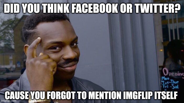 Roll Safe Think About It Meme | DID YOU THINK FACEBOOK OR TWITTER? CAUSE YOU FORGOT TO MENTION IMGFLIP ITSELF | image tagged in memes,roll safe think about it | made w/ Imgflip meme maker