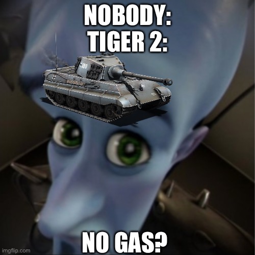 Basically the entire German Army by late 1944 | NOBODY:

TIGER 2:; NO GAS? | image tagged in megamind peeking,gas,no bitches,tiger,tank,gasoline | made w/ Imgflip meme maker