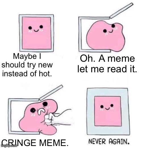 Never again | Maybe I should try new instead of hot. Oh. A meme let me read it. CRINGE MEME. | image tagged in never again | made w/ Imgflip meme maker