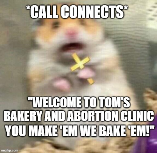 im gonna say this to the next scam caller that calls | *CALL CONNECTS*; "WELCOME TO TOM'S BAKERY AND ABORTION CLINIC; YOU MAKE 'EM WE BAKE 'EM!" | image tagged in scared hamster with cross | made w/ Imgflip meme maker
