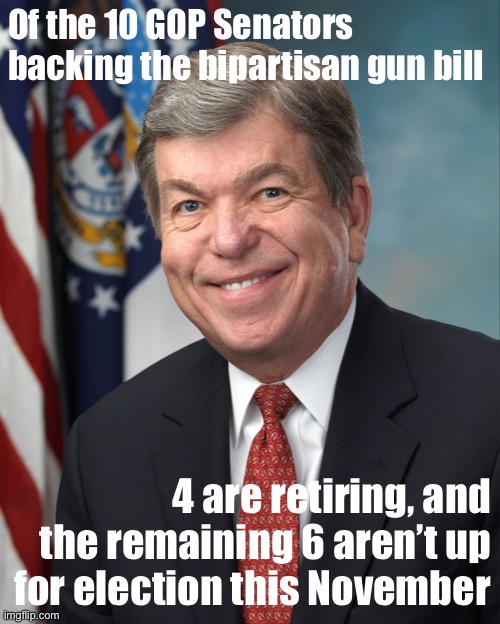 Kudos to them for backing something, but these Senators aren’t taking huge political risks. | Of the 10 GOP Senators backing the bipartisan gun bill; 4 are retiring, and the remaining 6 aren’t up for election this November | image tagged in roy blunt,senators,gun control,gun laws,republicans,republican party | made w/ Imgflip meme maker