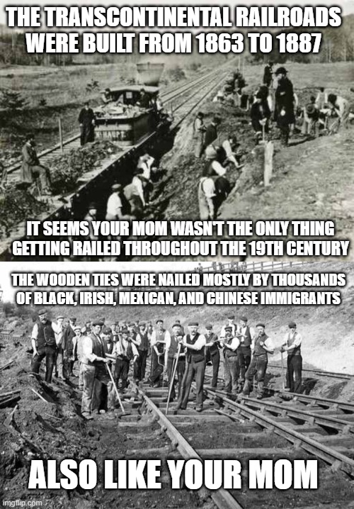 Transcontinental Railroads | THE TRANSCONTINENTAL RAILROADS WERE BUILT FROM 1863 TO 1887; IT SEEMS YOUR MOM WASN'T THE ONLY THING GETTING RAILED THROUGHOUT THE 19TH CENTURY; THE WOODEN TIES WERE NAILED MOSTLY BY THOUSANDS OF BLACK, IRISH, MEXICAN, AND CHINESE IMMIGRANTS; ALSO LIKE YOUR MOM | image tagged in funny,funny memes,your mom | made w/ Imgflip meme maker