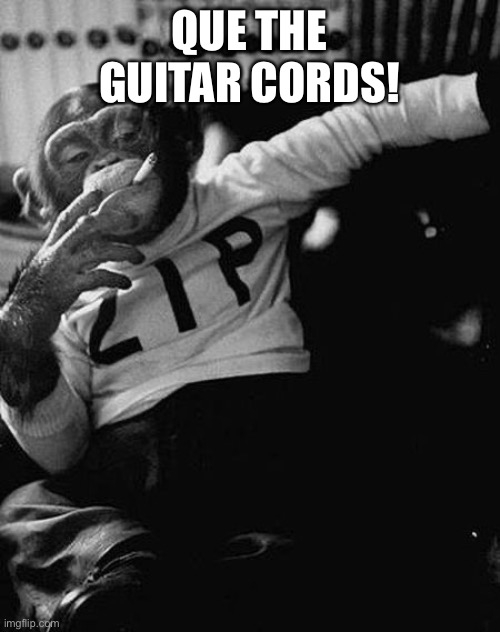 Zip the Smoking Chimp | QUE THE GUITAR CORDS! | image tagged in zip the smoking chimp | made w/ Imgflip meme maker