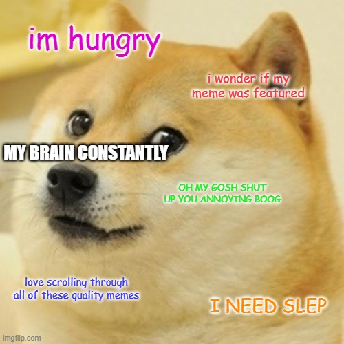 Doge Meme | im hungry; i wonder if my meme was featured; MY BRAIN CONSTANTLY; OH MY GOSH SHUT UP YOU ANNOYING BOOG; love scrolling through all of these quality memes; I NEED SLEP | image tagged in memes,doge | made w/ Imgflip meme maker