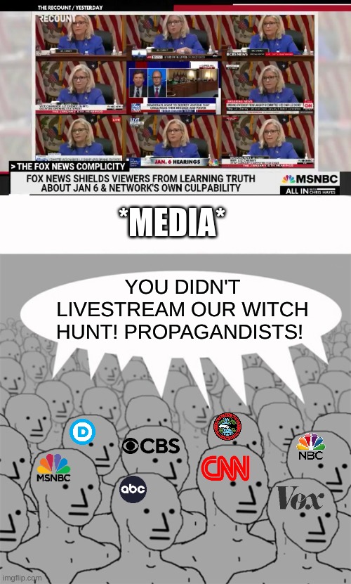 LOL they call FOX the propagandists... | *MEDIA*; YOU DIDN'T LIVESTREAM OUR WITCH HUNT! PROPAGANDISTS! | image tagged in npcprogramscreed | made w/ Imgflip meme maker