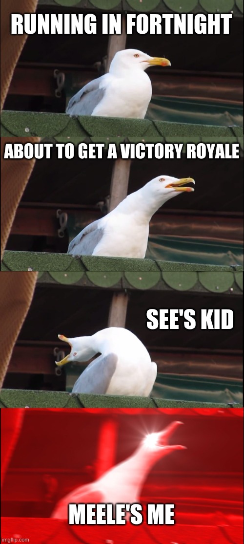 Inhaling Seagull Meme | RUNNING IN FORTNIGHT; ABOUT TO GET A VICTORY ROYALE; SEE'S KID; MEELE'S ME | image tagged in memes,inhaling seagull | made w/ Imgflip meme maker