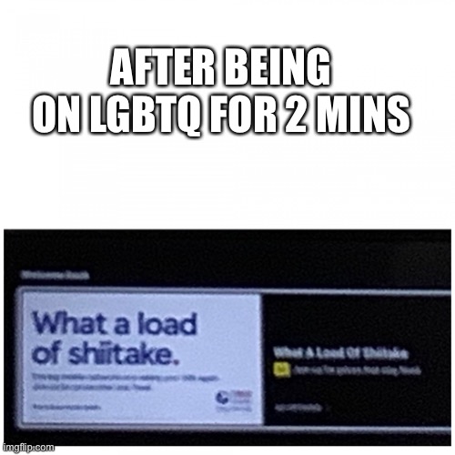 … | AFTER BEING ON LGBTQ FOR 2 MINS | image tagged in tesco add shiitake | made w/ Imgflip meme maker