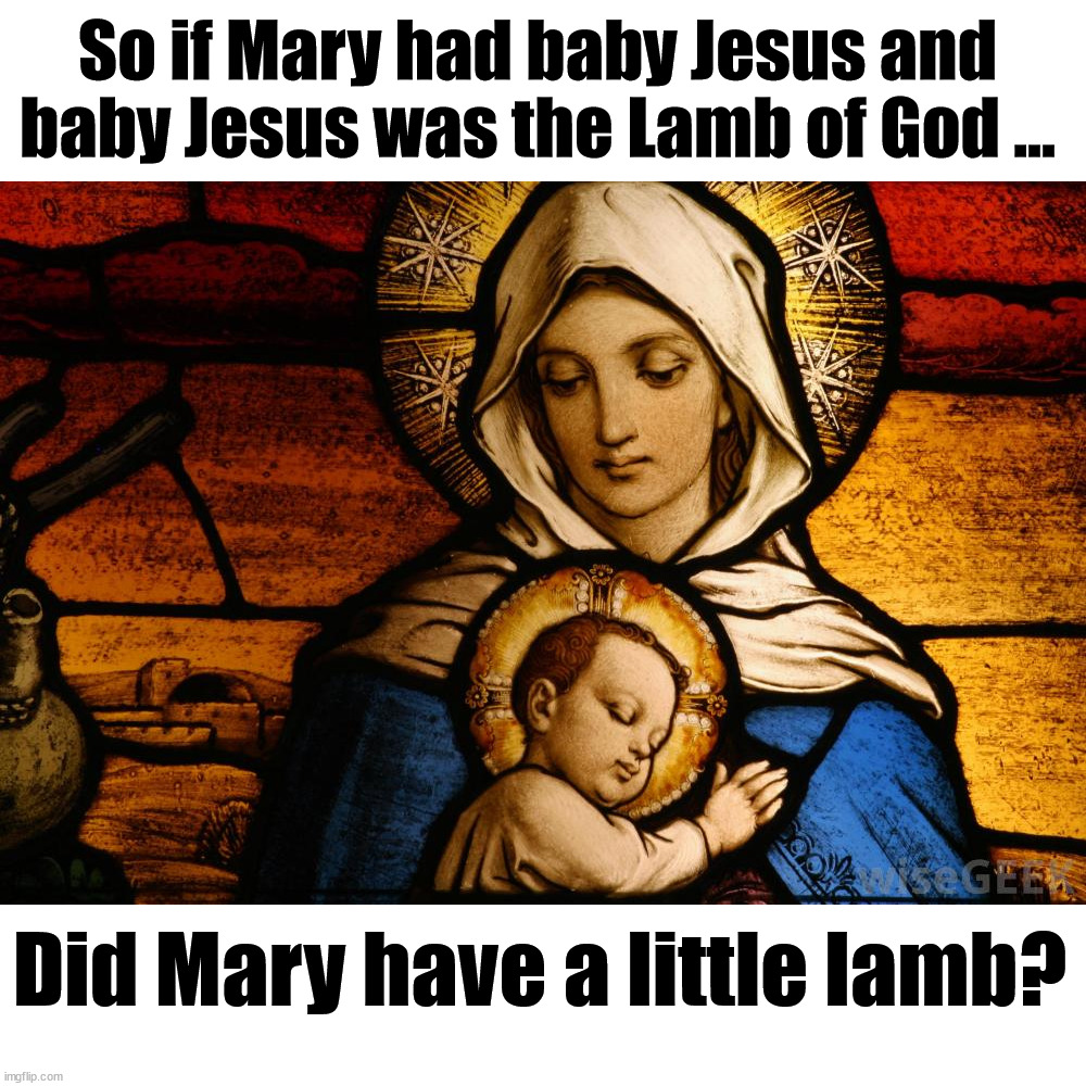 Mary and Jesus | So if Mary had baby Jesus and baby Jesus was the Lamb of God ... Did Mary have a little lamb? | image tagged in mary and jesus,eye roll | made w/ Imgflip meme maker