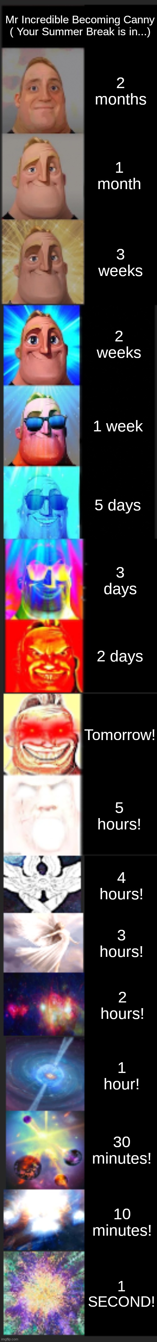 Mr Incredible Becoming Canny ( Your Summer Break is in...) | Mr Incredible Becoming Canny ( Your Summer Break is in...); 2 months; 1 month; 3 weeks; 2 weeks; 1 week; 5 days; 3 days; 2 days; Tomorrow! 5 hours! 4 hours! 3 hours! 2 hours! 1 hour! 30 minutes! 10 minutes! 1 SECOND! | image tagged in mr incredible becoming canny extended,summer vacation,school,memes,relatable,2022 | made w/ Imgflip meme maker