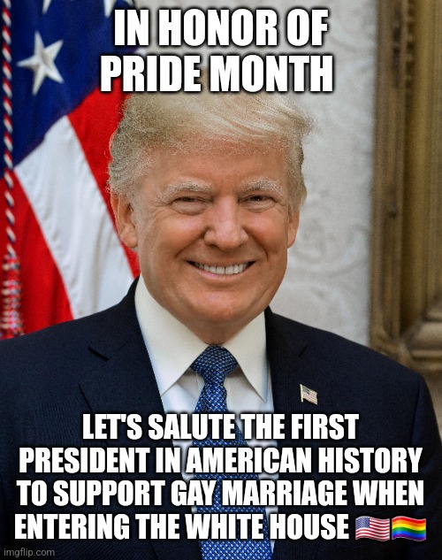Trump for gay marriage | IN HONOR OF PRIDE MONTH; LET'S SALUTE THE FIRST PRESIDENT IN AMERICAN HISTORY TO SUPPORT GAY MARRIAGE WHEN ENTERING THE WHITE HOUSE 🇺🇲🏳️‍🌈 | image tagged in politics,trump,donald trump,gay pride,gay marriage | made w/ Imgflip meme maker