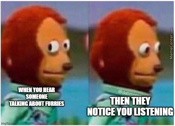 awkward | WHEN YOU HEAR SOMEONE TALKING ABOUT FURRIES THEN THEY NOTICE YOU LISTENING | image tagged in awkward | made w/ Imgflip meme maker