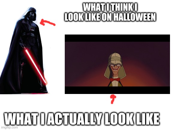 Blank White Template | WHAT I THINK I LOOK LIKE ON HALLOWEEN; WHAT I ACTUALLY LOOK LIKE | image tagged in blank white template | made w/ Imgflip meme maker