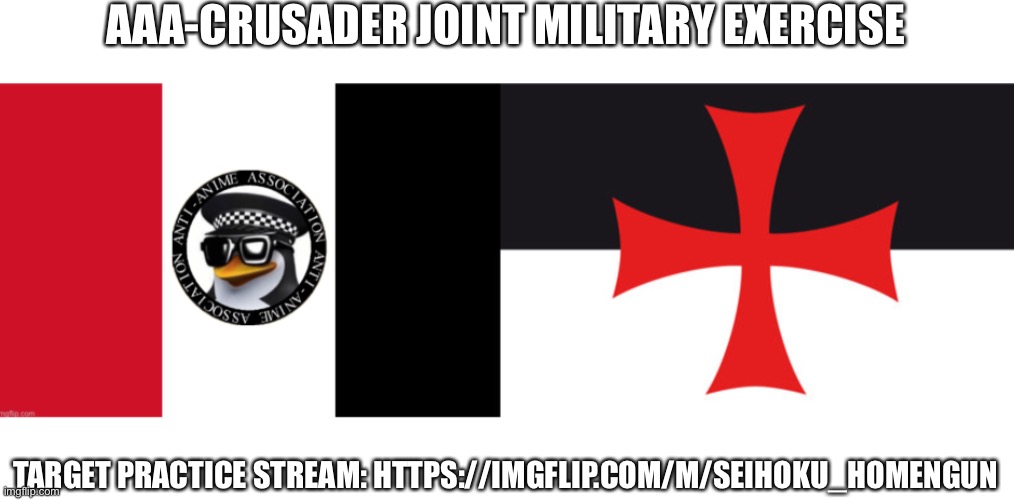 Raiding target practice | AAA-CRUSADER JOINT MILITARY EXERCISE; TARGET PRACTICE STREAM: HTTPS://IMGFLIP.COM/M/SEIHOKU_HOMENGUN | image tagged in aaa flag | made w/ Imgflip meme maker