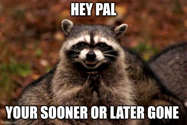 We know somthing you dont, and it aint gonna be pretty for you | HEY PAL; YOUR SOONER OR LATER GONE | image tagged in memes,evil plotting raccoon | made w/ Imgflip meme maker