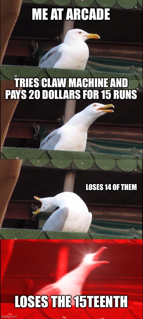? | ME AT ARCADE; TRIES CLAW MACHINE AND PAYS 20 DOLLARS FOR 15 RUNS; LOSES 14 OF THEM; LOSES THE 15TEENTH | image tagged in memes,inhaling seagull | made w/ Imgflip meme maker