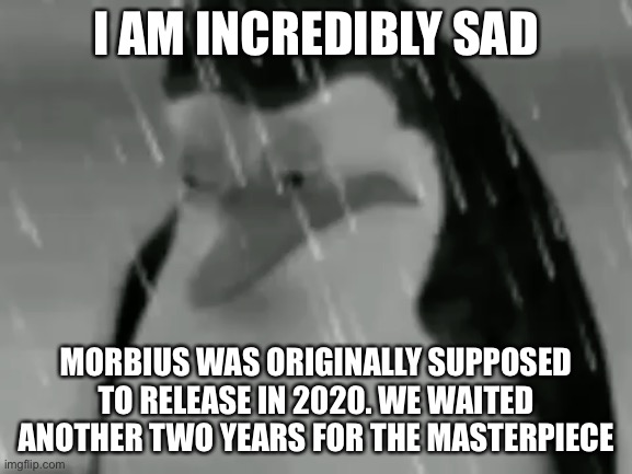 Sadge | I AM INCREDIBLY SAD; MORBIUS WAS ORIGINALLY SUPPOSED TO RELEASE IN 2020. WE WAITED ANOTHER TWO YEARS FOR THE MASTERPIECE | image tagged in sadge | made w/ Imgflip meme maker